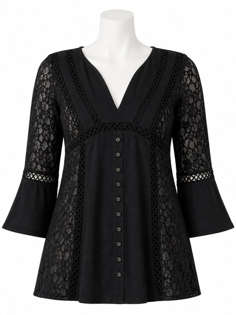 Reverse Black Boho Lace Tunic Top Button Front Babydoll Blouse Size Small
